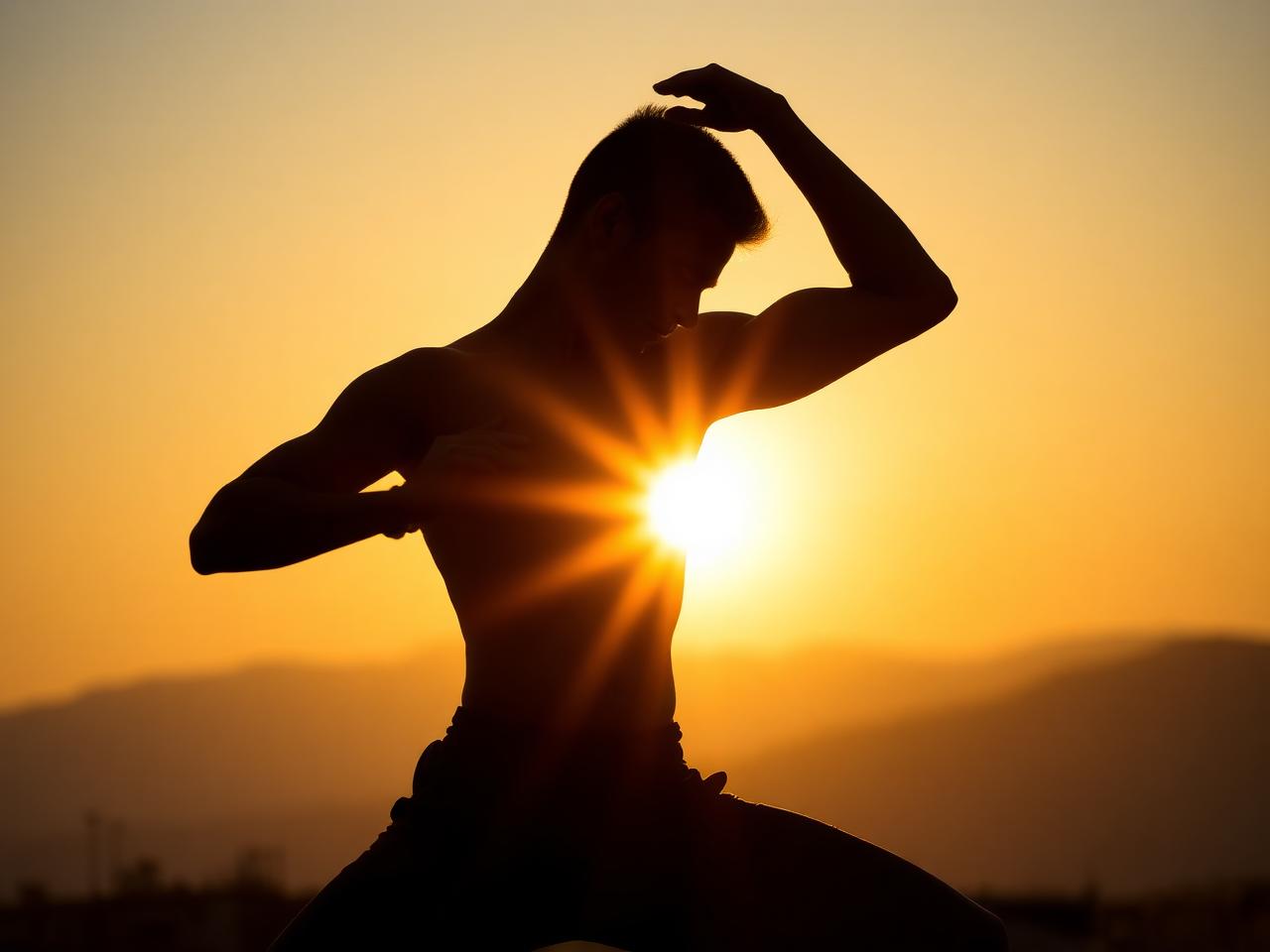 Athlete in warrior pose at sunrise